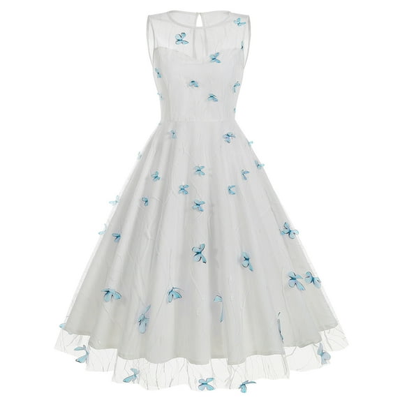 IBTOM CASTLE Women's 1950s Vintage Dress Short Sleeve Heart Print Mesh Retro Evening Prom Cocktail Party Swing A Line Dress L White + Blue Butterfly