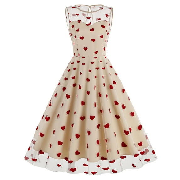IBTOM CASTLE Women's 1950s Vintage Dress Short Sleeve Heart Print Mesh Retro Evening Prom Cocktail Party Swing A Line Dress XXL Apricot - Red Heart