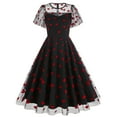 thumbnail image 1 of IBTOM CASTLE Women's 1950s Vintage Dress Short Sleeve Heart Print Mesh Retro Evening Prom Cocktail Party Swing A-Line Dress for Valentine's Day L Black - Red Heart, 1 of 8