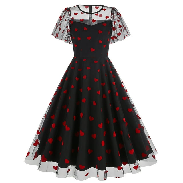 IBTOM CASTLE Women's 1950s Vintage Dress Short Sleeve Heart Print Mesh Retro Evening Prom Cocktail Party Swing A-Line Dress for Valentine's Day L Black - Red Heart