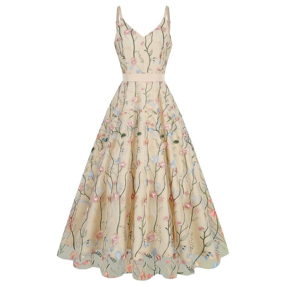 IBTOM CASTLE Women's 1950s Vintage Floral Embroidery Dress Flared Swing Dress Cocktail Party Wedding Dress M Apricot