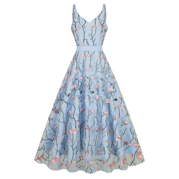 IBTOM CASTLE Women's 1950s Vintage Floral Embroidery Dress Flared Swing Dress Cocktail Party Wedding Dress S Blue