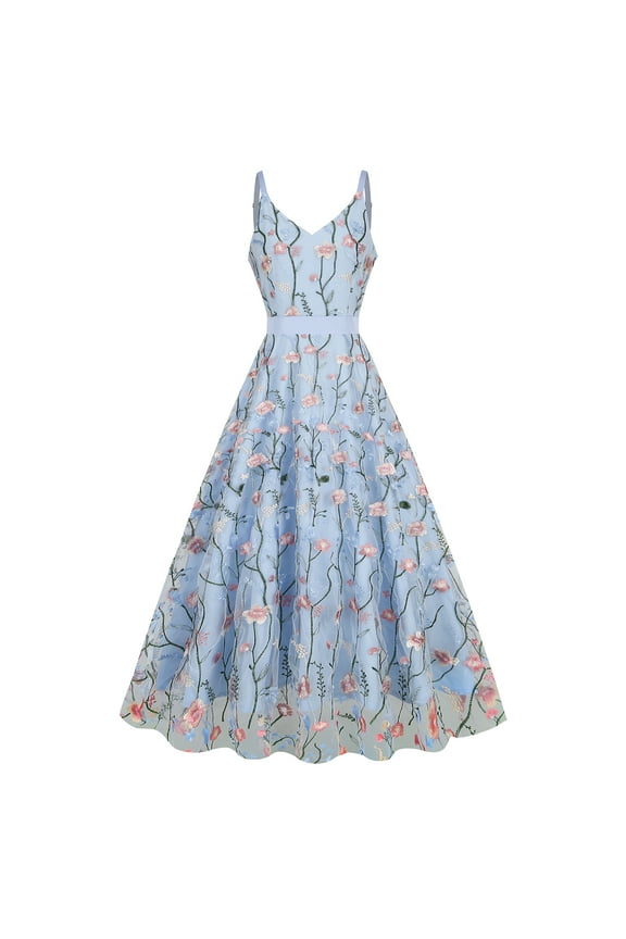 Women's 1950s Vintage Floral Embroidery Dress Flared Swing Dress Cocktail Party Wedding Dress S Blue