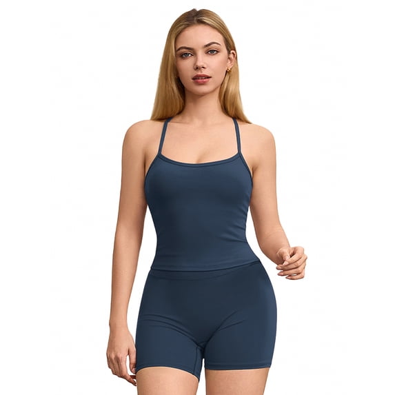 IBTOM CASTLE Women's 2 Piece Workout Set Racerback Cropped Tank Top Matching High Waist Shorts Yoga Gym Pilates Outfits S Sky Blue