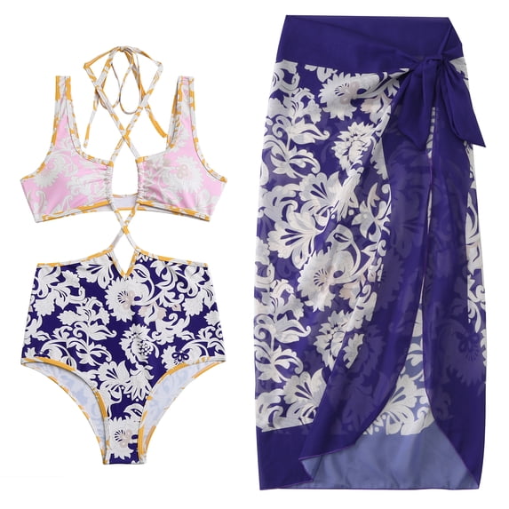 IBTOM CASTLE Women's 3 Pieces Swimsuit Floral Printed Bikini Set Bathing Suit with Cover up Beach Skirt Sarong Beachwear S Navy Blue Straps