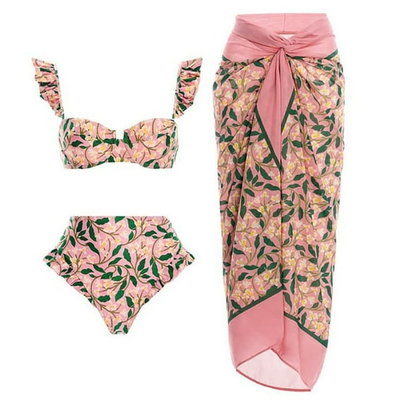 IBTOM CASTLE Women's 3 Pieces Swimsuit Floral Printed Bikini Set Bathing Suit with Cover up Beach Skirt Sarong Beachwear S Pink Floral