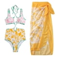 thumbnail image 1 of IBTOM CASTLE Women's 3 Pieces Swimsuit Floral Printed Bikini Set Bathing Suit with Cover up Beach Skirt Sarong Beachwear S Yellow Straps, 1 of 8