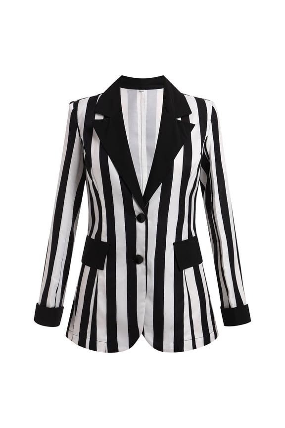 Women's Black and White Striped Blazer Casual Button Long Sleeve Jacket Halloween Work Business Open Front Cardigan Suit XL Black + White