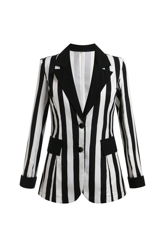 Women's Black and White Striped Blazer Casual Button Long Sleeve Jacket Halloween Work Business Open Front Cardigan Suit XXL Black + White