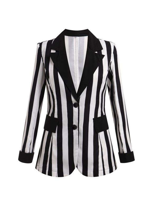 Women's Black and White Striped Blazer Casual Button Long Sleeve Jacket Halloween Work Business Open Front Cardigan Suit L Black + White