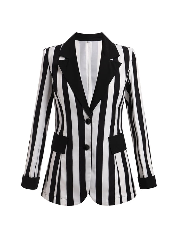 Women's Black and White Striped Blazer Casual Button Long Sleeve Jacket Halloween Work Business Open Front Cardigan Suit M Black + White