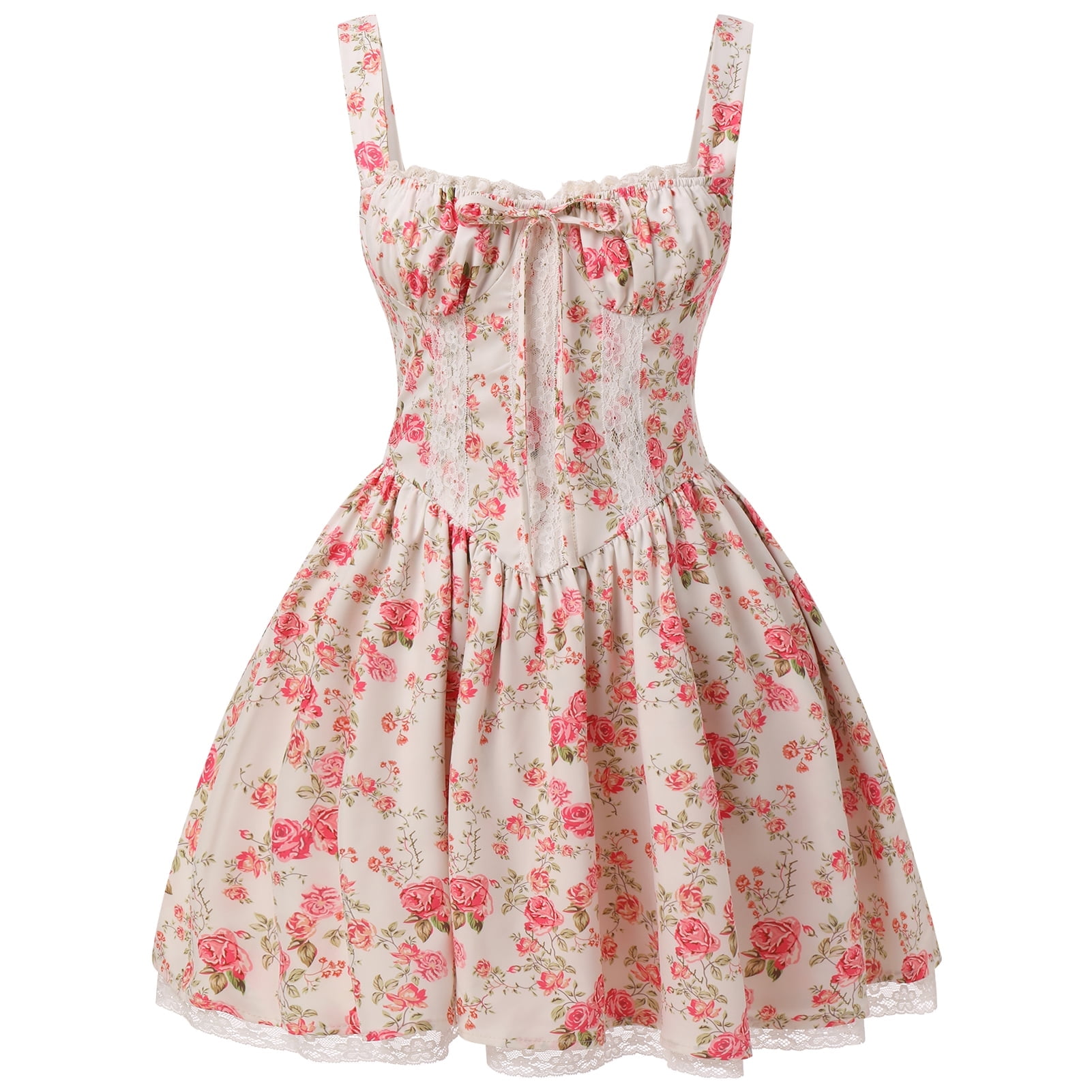 IBTOM CASTLE Women's Casual Corset Mini Dress Spaghetti Straps Backless  Lace up Low Cut Ruffle Short Sundress L White + Red Flower - Walmart  Business Supplies