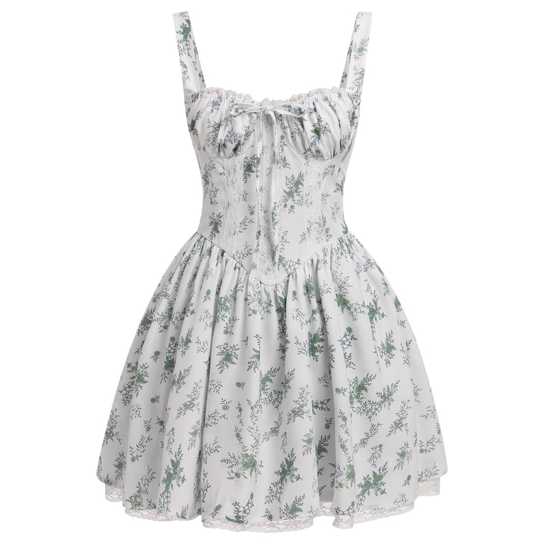Ibtom Castle Women's Casual Corset Mini Dress Spaghetti Straps Backless Lace up Low Cut Ruffle Short Sundress M White + Green Leaves, Size: Medium Ibtom Castle Women's Casual Corset Mini Dress Spaghetti Straps Backless Lace up Low Cut Ruffle Short Sundress M White + Green Leaves, Size: Medium