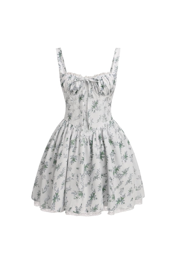 Women's Casual Corset Mini Dress Spaghetti Straps Backless Lace up Low Cut Ruffle Short Sundress M White + Green Leaves