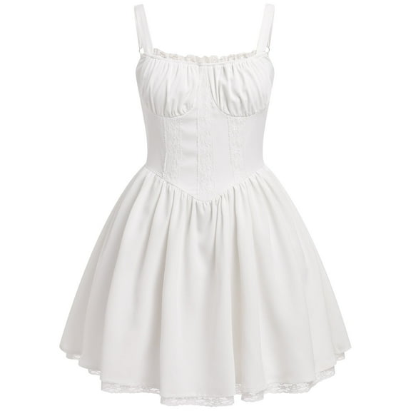 IBTOM CASTLE Women's Casual Corset Mini Dress Spaghetti Straps Backless Lace up Low Cut Ruffle Short Sundress M White