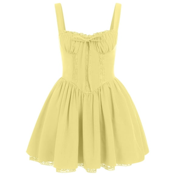IBTOM CASTLE Women's Casual Corset Mini Dress Spaghetti Straps Backless Lace up Low Cut Ruffle Short Sundress M Yellow