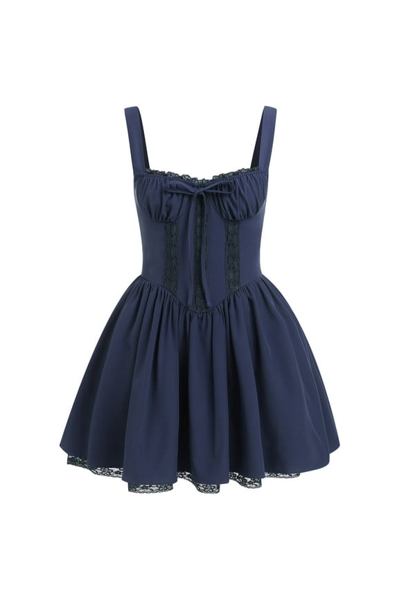Women's Casual Corset Mini Dress Spaghetti Straps Backless Lace up Low Cut Ruffle Short Sundress S Navy Blue