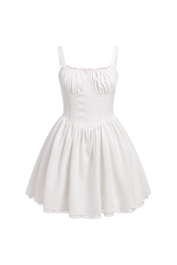 Women's Casual Corset Mini Dress Spaghetti Straps Backless Lace up Low Cut Ruffle Short Sundress S White