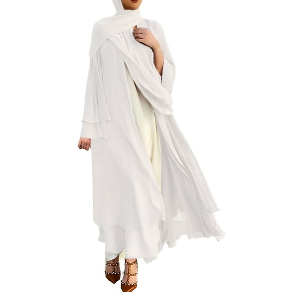IBTOM CASTLE Women's Chiffon Muslim Cardigan Kaftan Middle East Arabian Abaya Dress Casual Islamic Cover up Long Dresses L White