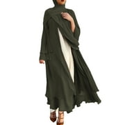 IBTOM CASTLE Womens Chiffon Muslim Cardigan Kaftan Middle East Arabian Abaya Dress Casual Islamic Cover up Long Dresses M Army Green