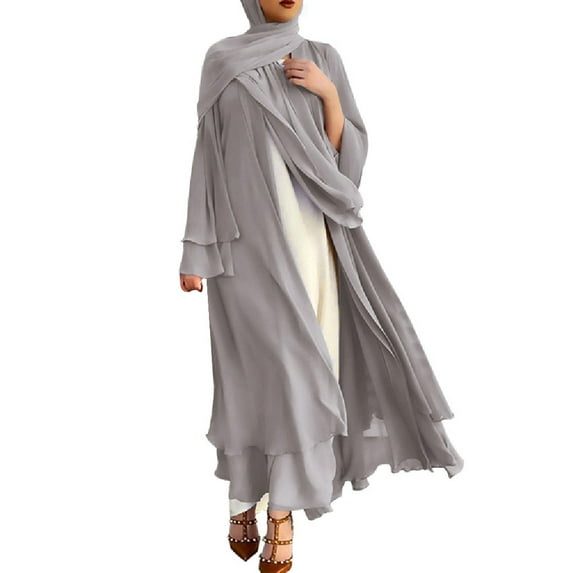 IBTOM CASTLE Women's Chiffon Muslim Cardigan Kaftan Middle East Arabian Abaya Dress Casual Islamic Cover up Long Dresses M Gray