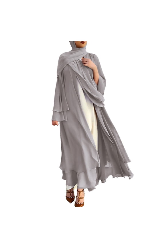 Women's Chiffon Muslim Cardigan Kaftan Middle East Arabian Abaya Dress Casual Islamic Cover up Long Dresses M Gray