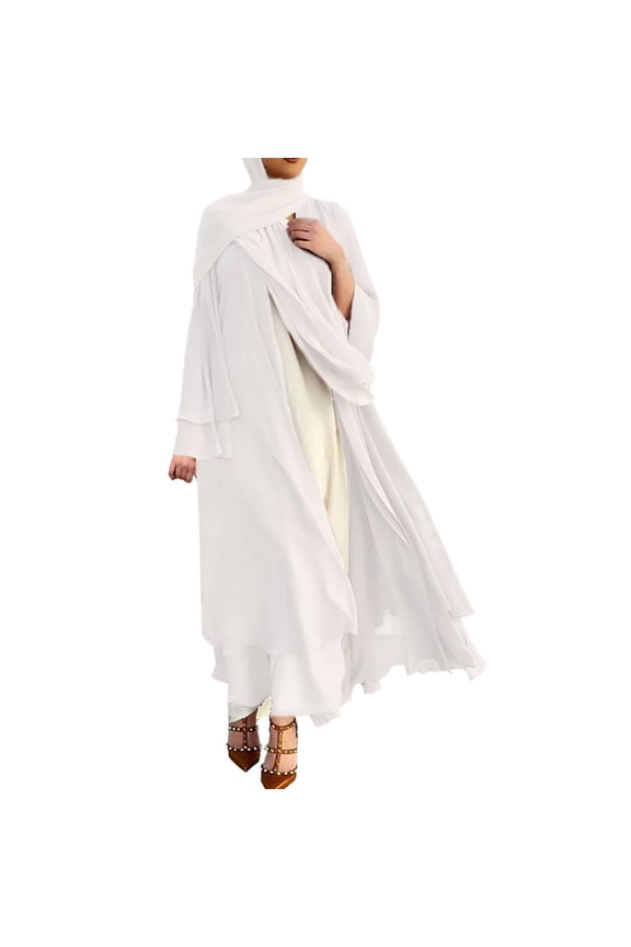 Women's Chiffon Muslim Cardigan Kaftan Middle East Arabian Abaya Dress Casual Islamic Cover up Long Dresses M White