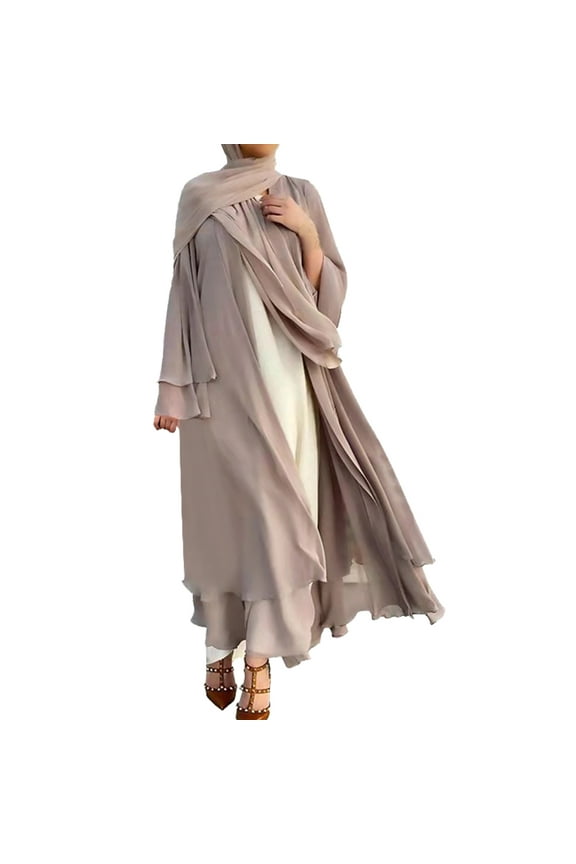Women's Chiffon Muslim Cardigan Kaftan Middle East Arabian Abaya Dress Casual Islamic Cover up Long Dresses S Khaki
