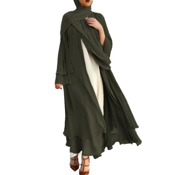 IBTOM CASTLE Women's Chiffon Muslim Cardigan Kaftan Middle East Arabian Abaya Dress Casual Islamic Cover up Long Dresses XXL Army Green