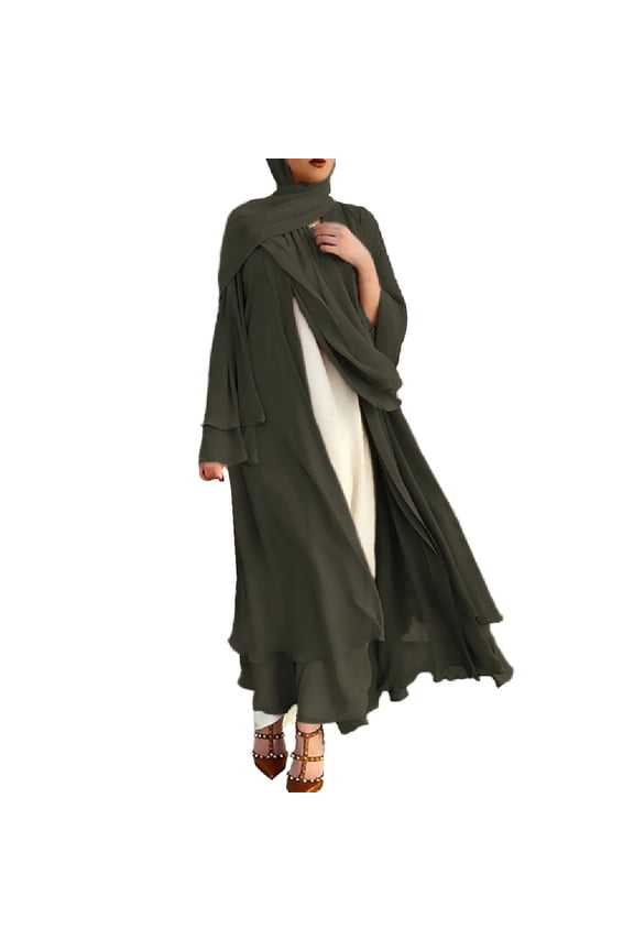 Women's Chiffon Muslim Cardigan Kaftan Middle East Arabian Abaya Dress Casual Islamic Cover up Long Dresses XXL Army Green
