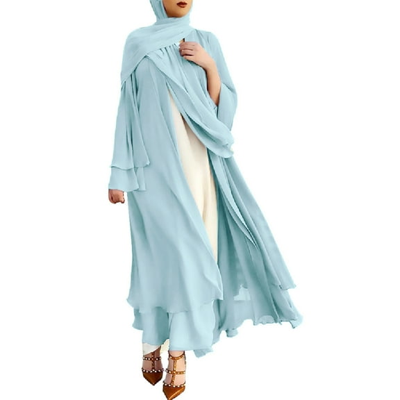 IBTOM CASTLE Women's Chiffon Muslim Cardigan Kaftan Middle East Arabian Abaya Dress Casual Islamic Cover up Long Dresses XXL Light Blue