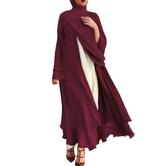 IBTOM CASTLE Women's Chiffon Muslim Cardigan Kaftan Middle East Arabian Abaya Dress Casual Islamic Cover up Long Dresses XXL Wine Red