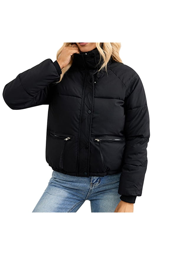 Women's Cropped Puffer Jacket Winter Casual Outwear Long Sleeve Thicken Insulted Zip up Puffer Down Jacket Coat with Pockets L Black
