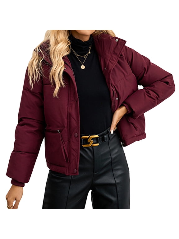 Women's Cropped Puffer Jacket Winter Casual Outwear Long Sleeve Thicken Insulted Zip up Puffer Down Jacket Coat with Pockets XL Wine Red