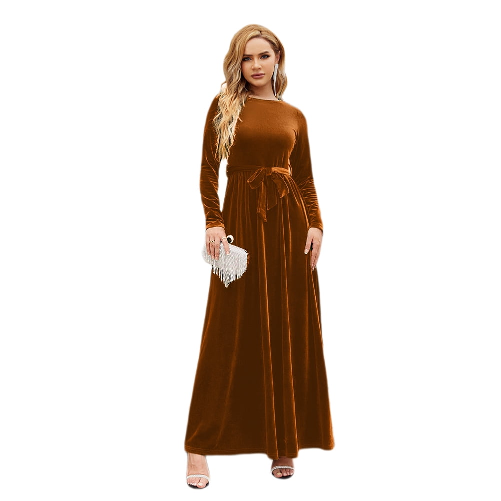 IBTOM CASTLE Women's Fall Winter Velvet Dress Long Sleeve Round Neck Maxi  Dress with Belt Wedding Guest Cocktail Gown Evening Party Dress L Brown