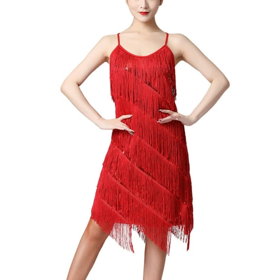 IBTOM CASTLE Women's Flapper Dress 1920s Sequin Tassel Latin Party Cocktail Dress Ballroom Dance Costume Vintage Fringe Dress L Red