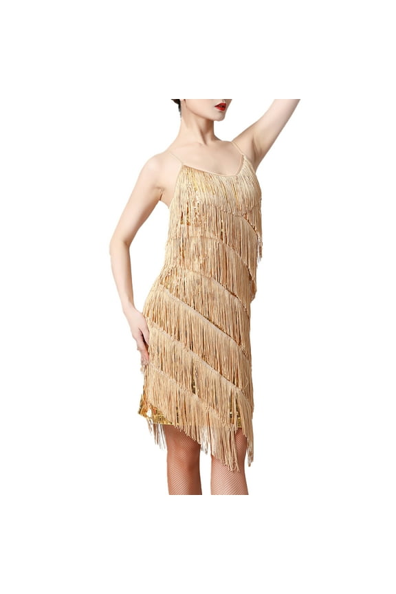 Women's Flapper Dress 1920s Sequin Tassel Latin Party Cocktail Dress Ballroom Dance Costume Vintage Fringe Dress M Gold