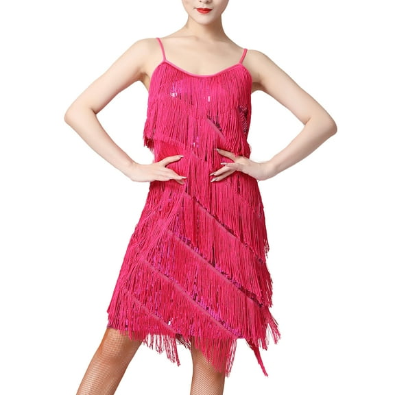 IBTOM CASTLE Women's Flapper Dress 1920s Sequin Tassel Latin Party Cocktail Dress Ballroom Dance Costume Vintage Fringe Dress S Hot Pink