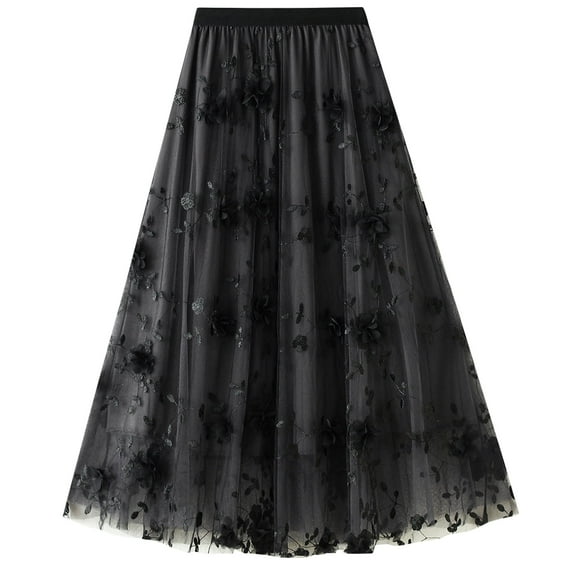 IBTOM CASTLE Women's Floral Embroidered Tulle Skirt Elastic High Waist Mesh Tutu A-Line Midi Long Skirts One Size Black