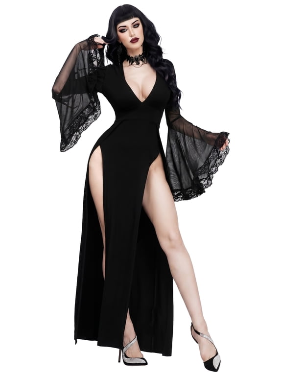 Women's Gothic Dress Sexy Split V Neck Halloween Party Costume Floral Lace Bell Sleeve Long Maxi Goth Dresses Black Alternative Witchy Rave Outfits S Black