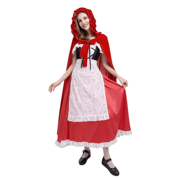 IBTOM CASTLE Women's Little Red Riding Hood Costume Halloween Christmas Party Dress up with Hooded Cloak Velvet Cape for Photo Prop L Red + Black