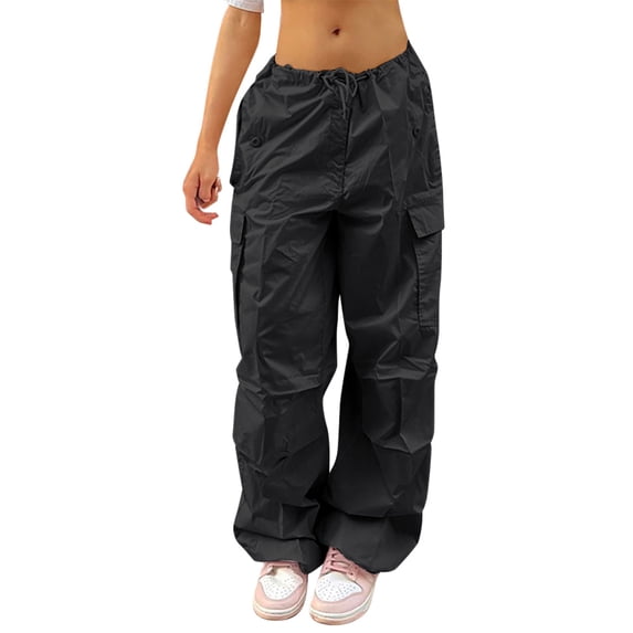 IBTOM CASTLE Women's Low Waist Drawstring Wide Leg Casual Vintage Y2K Baggy Cargo Jogger Relaxed Loose Hip Hop Pants S Black