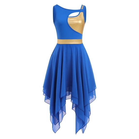 IBTOM CASTLE Women's Lyrical Dance Costume Shiny Metallic Lyrical Dress Asymmetric Flowy Chiffon Skirt Contemporary Dance Clothes S Royal Blue