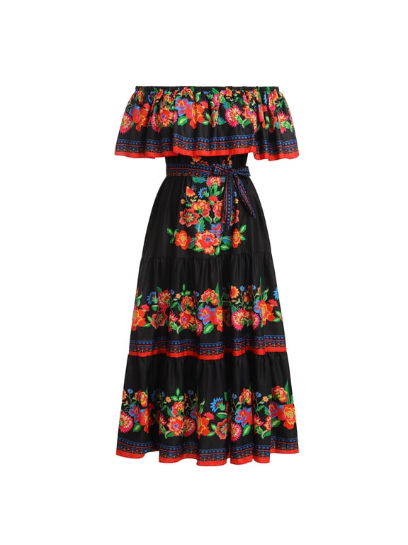 Women's Mexican Dress Floral Print Smocked Traditional Wear Off Shoulder Beach Holiday Party Long Maxi Dresses L Black