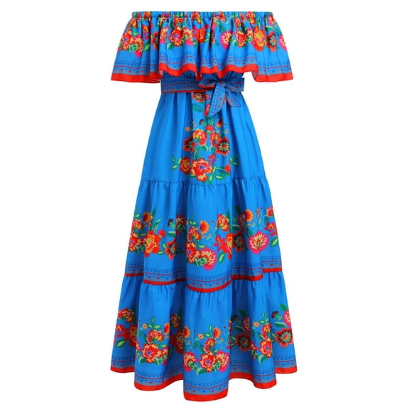 IBTOM CASTLE Women's Mexican Dress Floral Print Smocked Traditional Wear Off Shoulder Beach Holiday Party Long Maxi Dresses L Blue