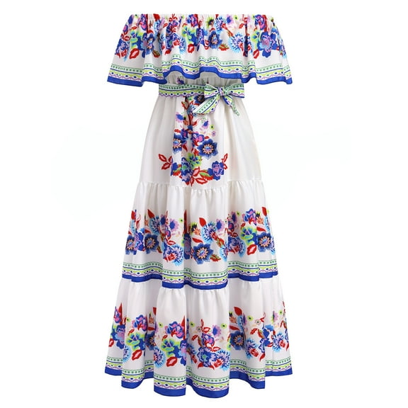 IBTOM CASTLE Women's Mexican Dress Floral Print Smocked Traditional Wear Off Shoulder Beach Holiday Party Long Maxi Dresses L White   Blue