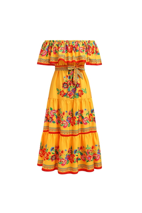 Women's Mexican Dress Floral Print Smocked Traditional Wear Off Shoulder Beach Holiday Party Long Maxi Dresses L Yellow