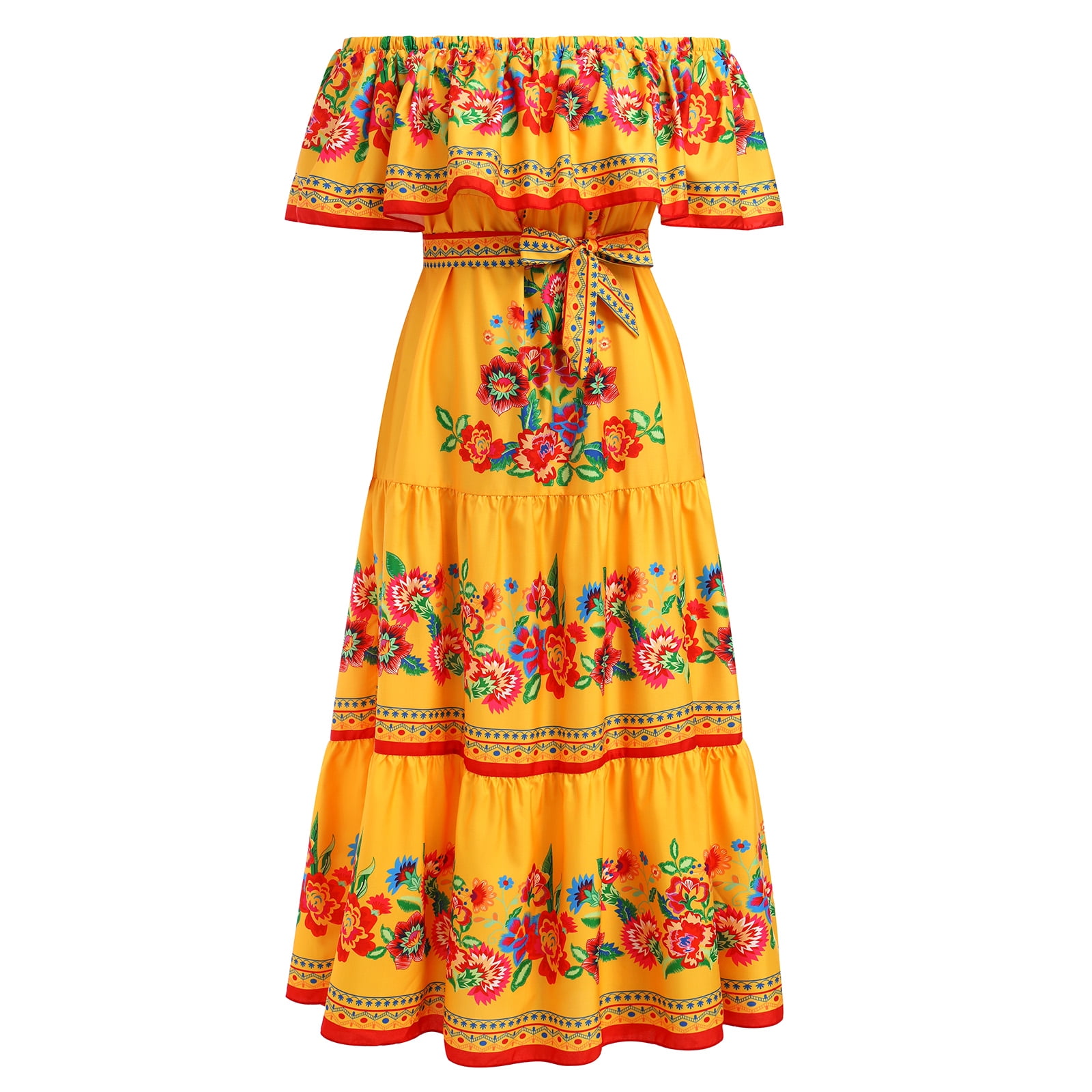 IBTOM CASTLE Women's Mexican Dress Floral Print Smocked Traditional Wear  Off Shoulder Beach Holiday Party Long Maxi Dresses M Yellow - Walmart.com