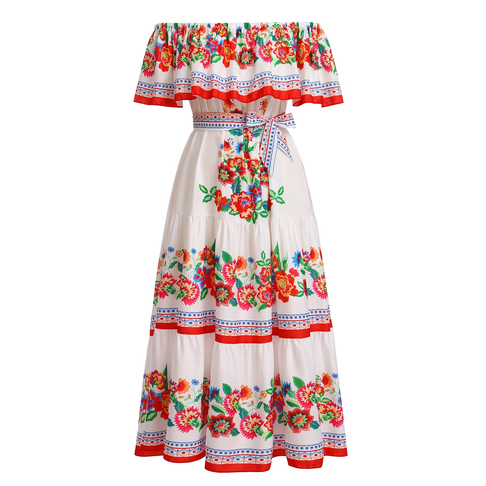 Cotton Mexican Dress Women's Mexican Floral Embroidered Maxi Dress -  Bohemian Off-Shoulder Cotton Dress With Ruffles Mexican Dresses For Women