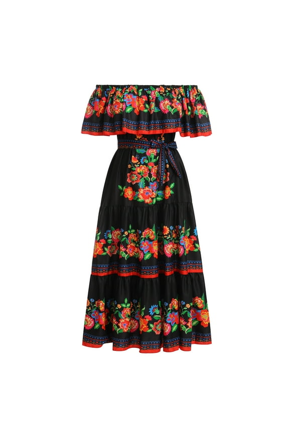 Women's Mexican Dress Floral Print Smocked Traditional Wear Off Shoulder Beach Holiday Party Long Maxi Dresses XL Black